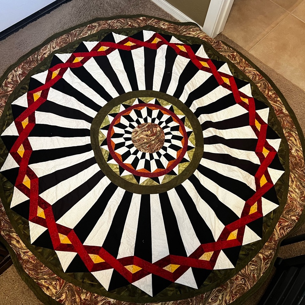 Geometric Patterned Quilt - Black, White, Red, Green